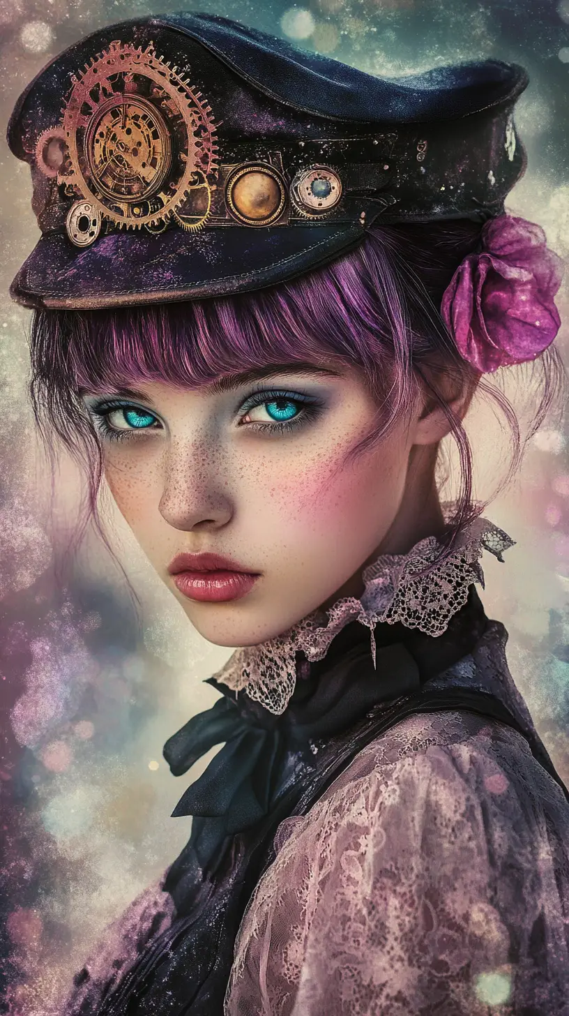 Steampunk girl portrait with violet hair and glowing eyes