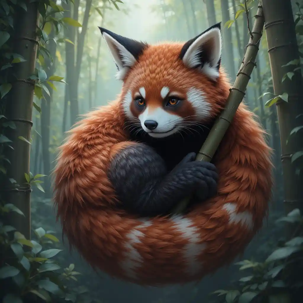 Zorro panda fantástico enrollado en bambú en un bosque brumoso
