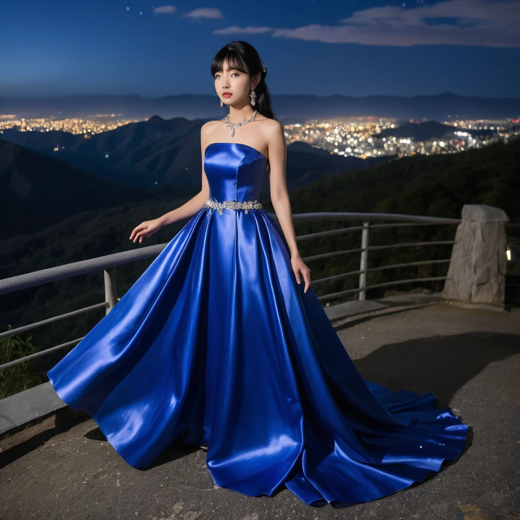 Garota elegante em vestido de cetim azul em uma montanha à noite