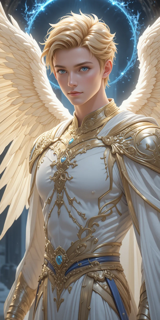 Guerriero angelico sereno con ali luminose in stile anime