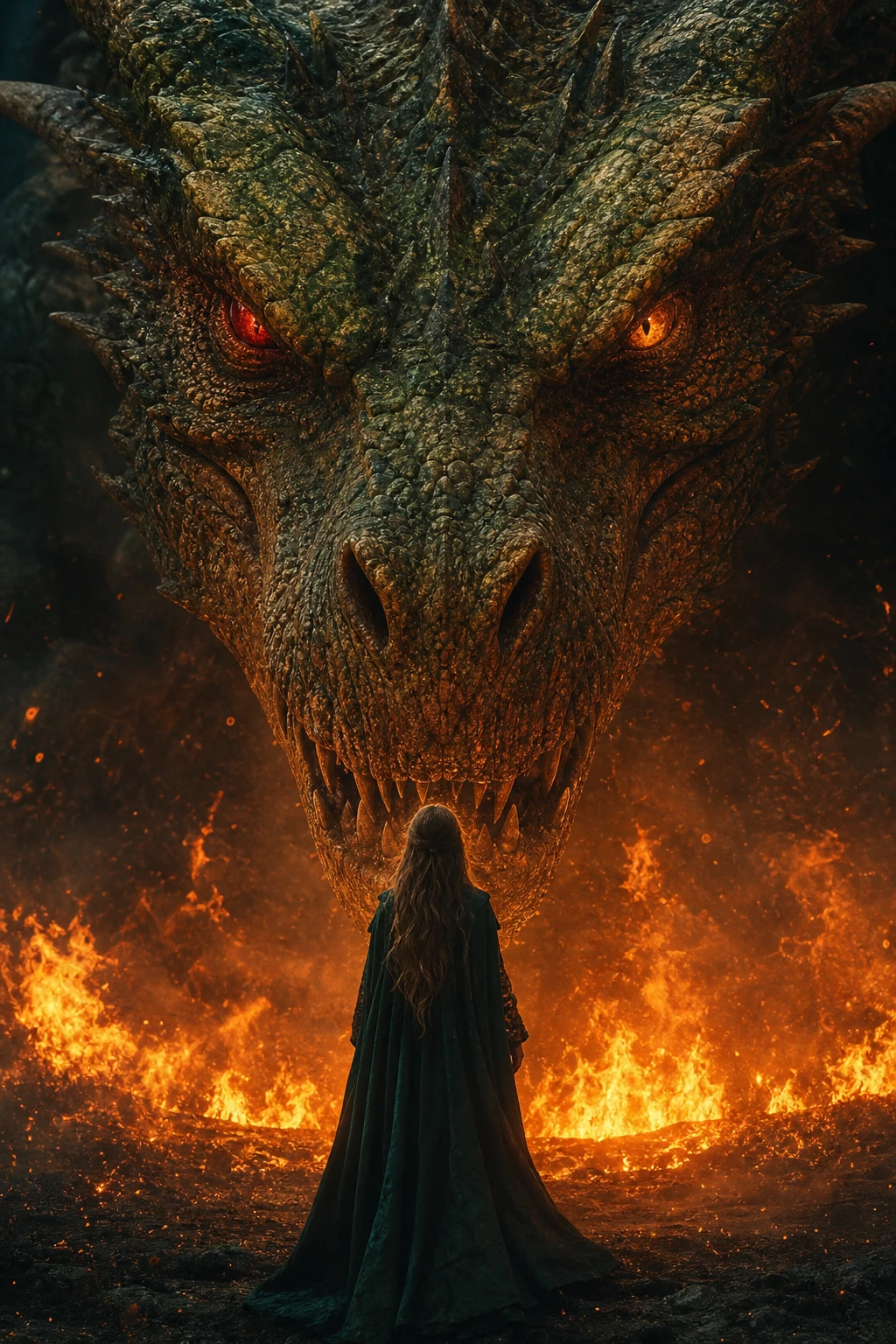 Femme en cape face à un dragon gigantesque au-dessus d’un sol enflammé