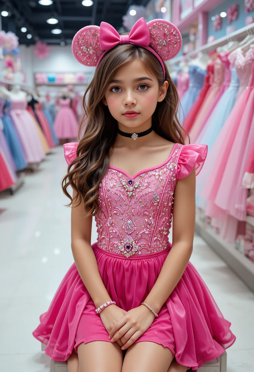 Menina jovem em vestido rosa da Minnie dentro de uma boutique da Disney