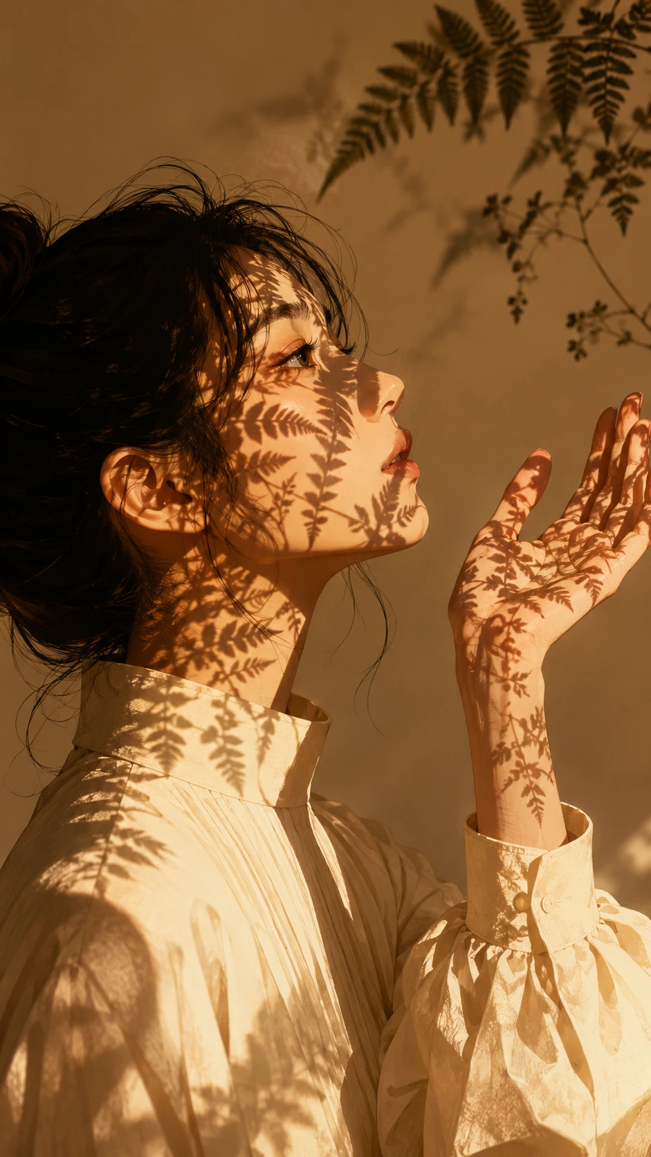Profilo laterale di donna alla luce solare screziata dalle ombre delle felci