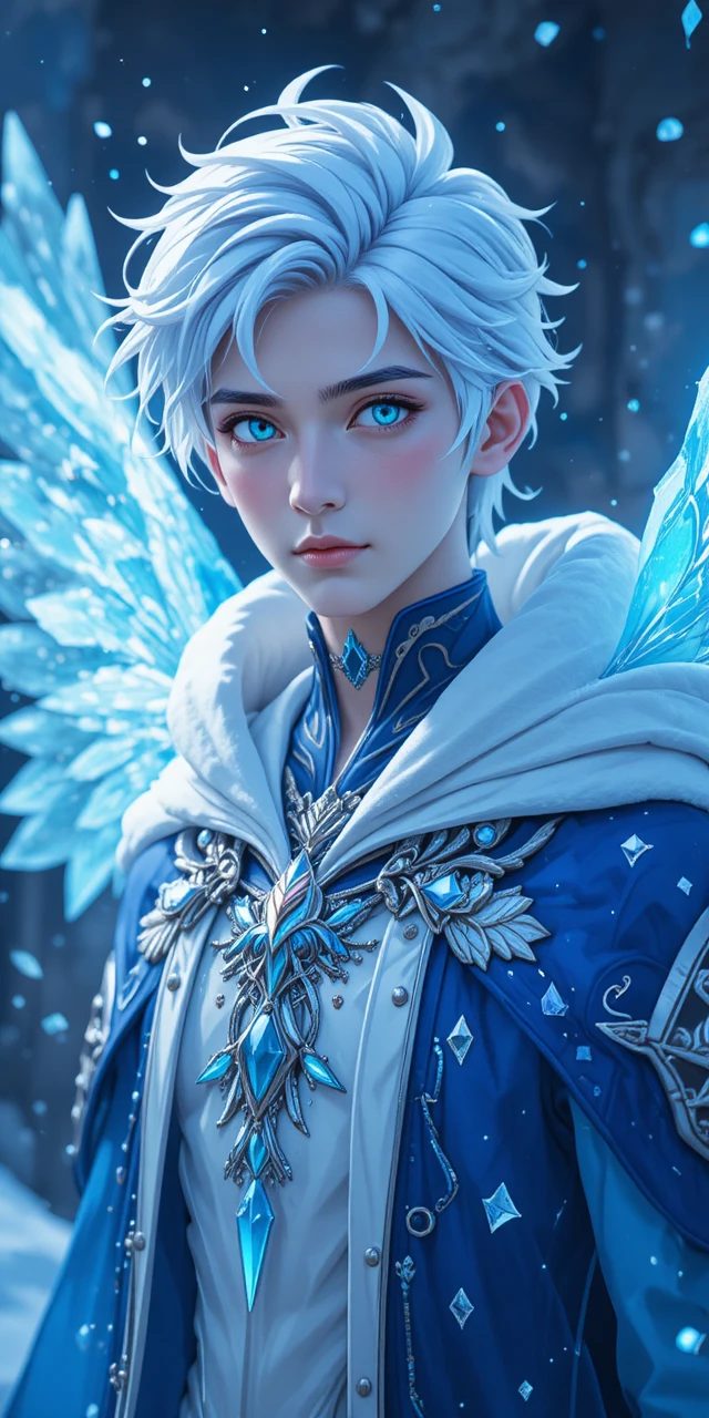 Príncipe fênix de gelo com asas cristalinas em estilo anime
