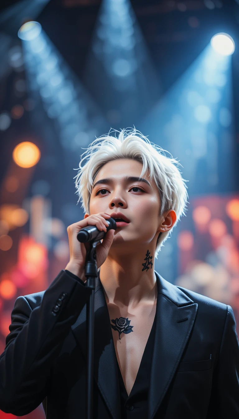 콘서트 무대 스포트라이트를 받는 젊은 남성 가수