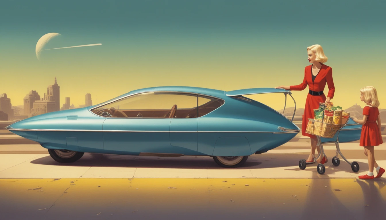 Carro azul retrofuturista com mulher carregando compras