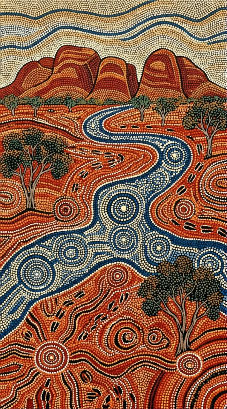 澳洲內陸點描畫與蜿蜒河流圖騰