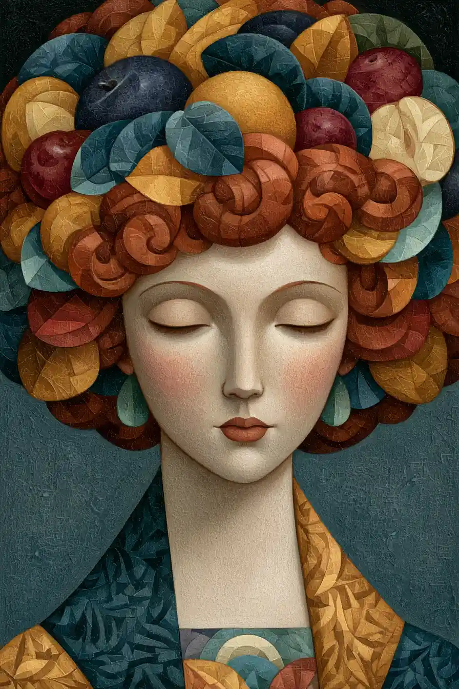 Surrealistisches Porträt einer fröhlichen Frau mit fruchtgefüllter Frisur