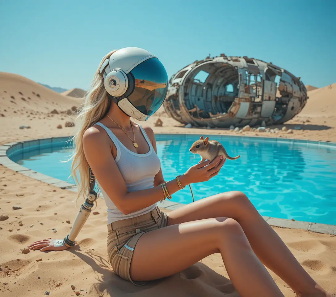外星沙漠墜毀現場中的未來感骷髏太空人