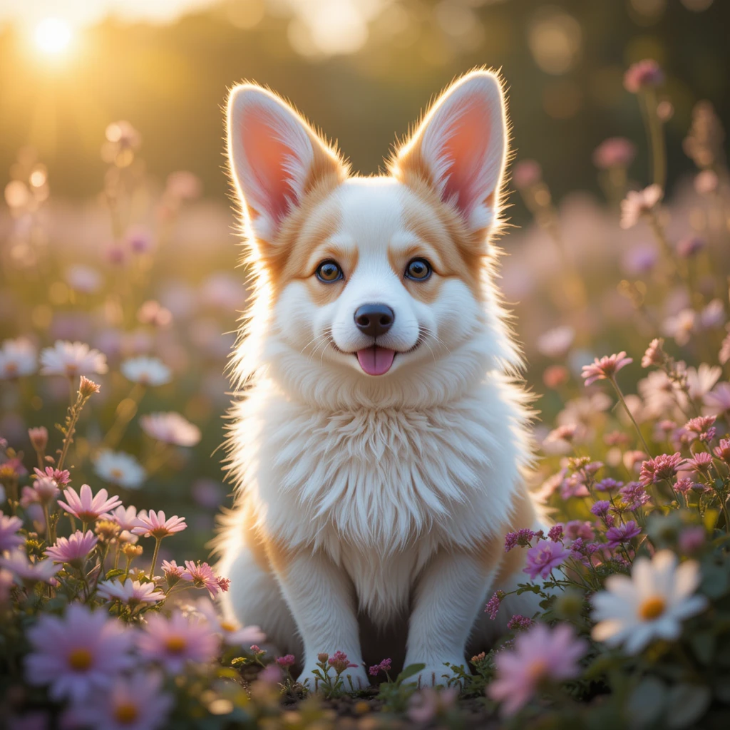 Adorable hybride lapin-corgi se reposant dans un champ de fleurs baigné de soleil