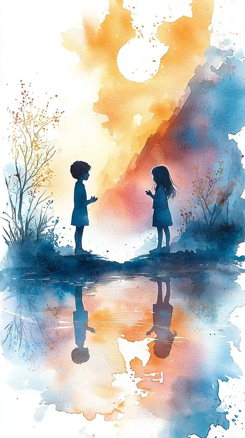 Sanfte Aquarellillustration von zwei leise sprechenden Kindern