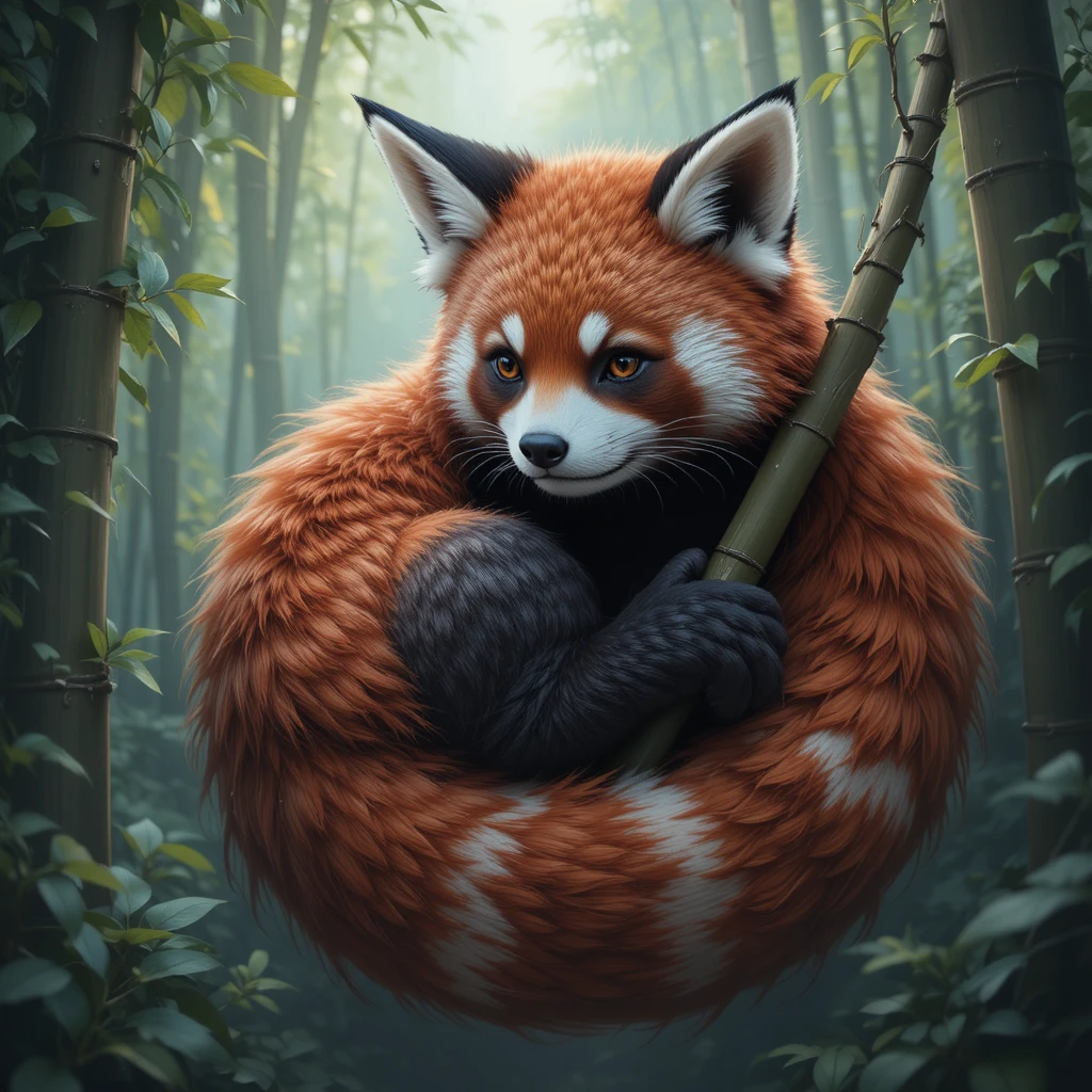 Zorro panda fantástico enrollado en bambú en un bosque brumoso