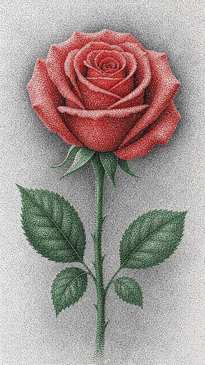 Única rosa vermelha em delicados pontos de pontilhismo