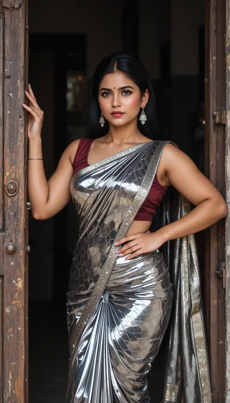 Mujer sensual con sari brillante posando en un portal tradicional