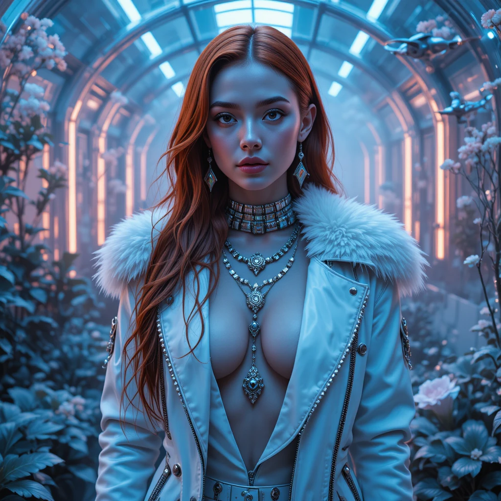 Elegante Cyber-Heldin im futuristischen Neon-Gewächshaus-Porträt