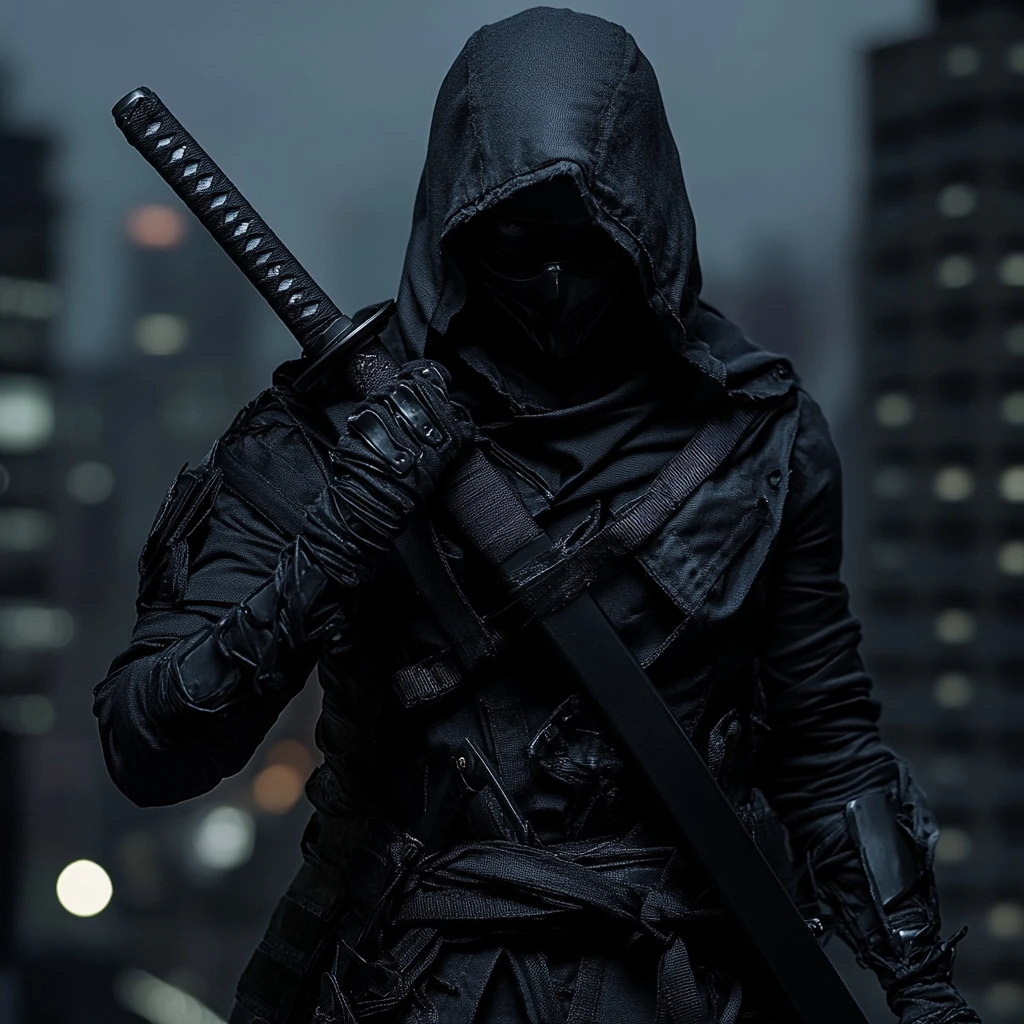 Asesina ninja en un tejado oscuro de noche