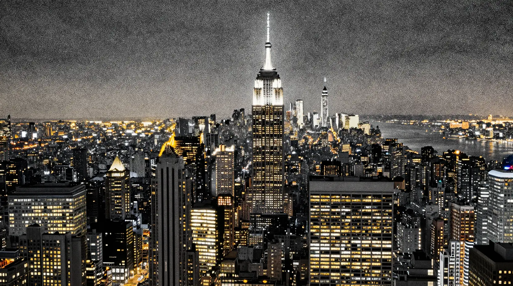 Manhattan night skyline in shimmering pointillist dot art