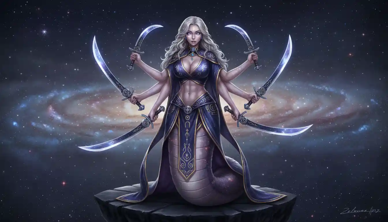 Primordial naga queen with six arms and celestial elegance