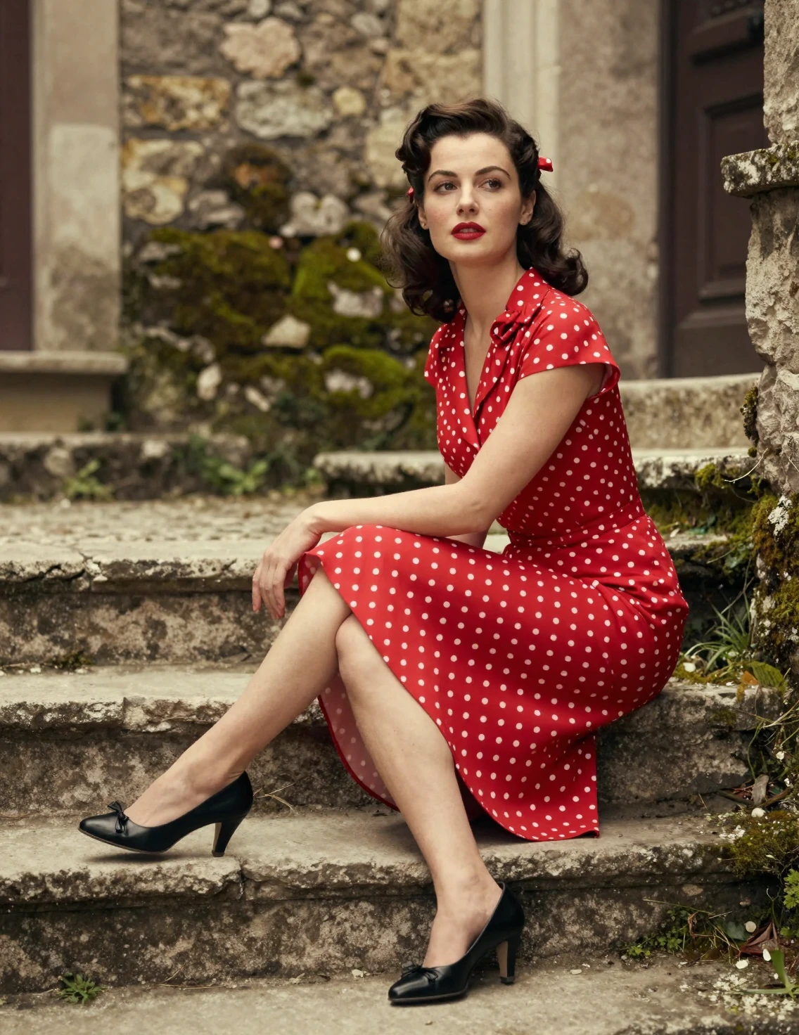 Femme élégante sur des marches en pierre dans une robe rouge vintage