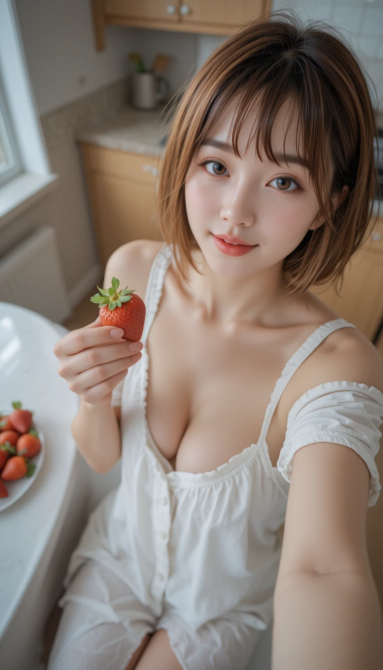 Fille mignonne en chemise de nuit blanche offrant une fraise