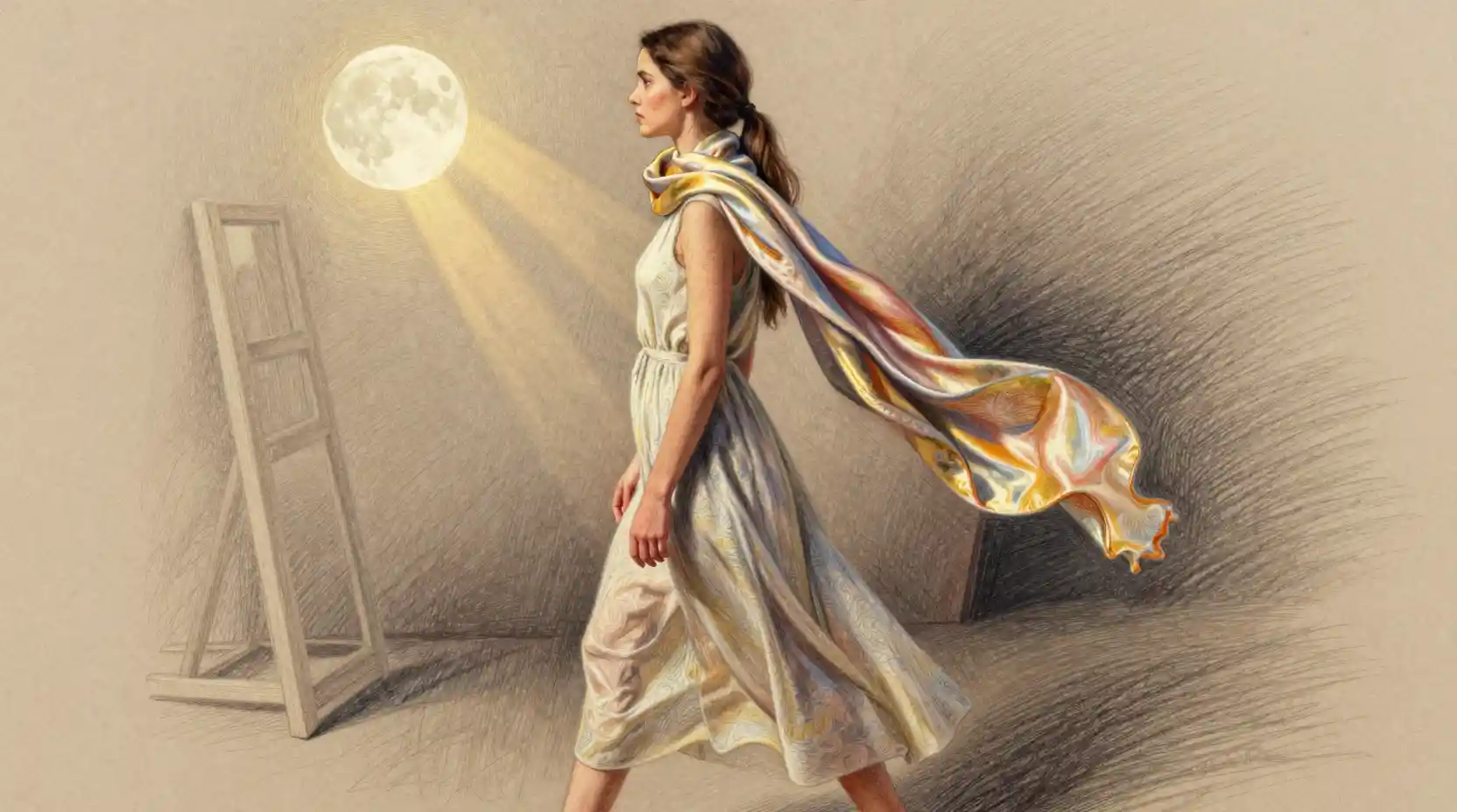 Young woman walking through shadows in artist studio