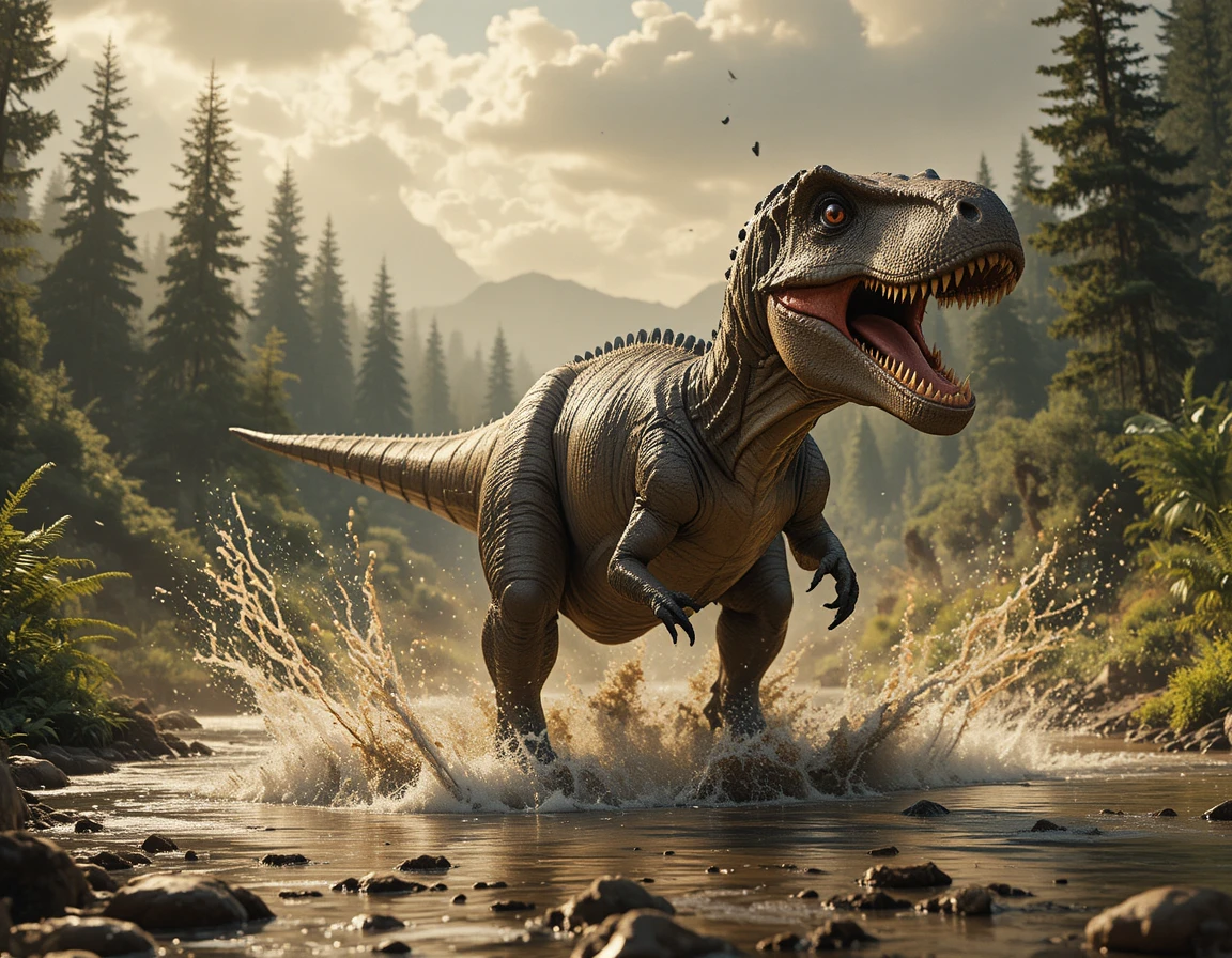 Tiranossauro Rex Correndo por uma Planície Alagada Lamacenta