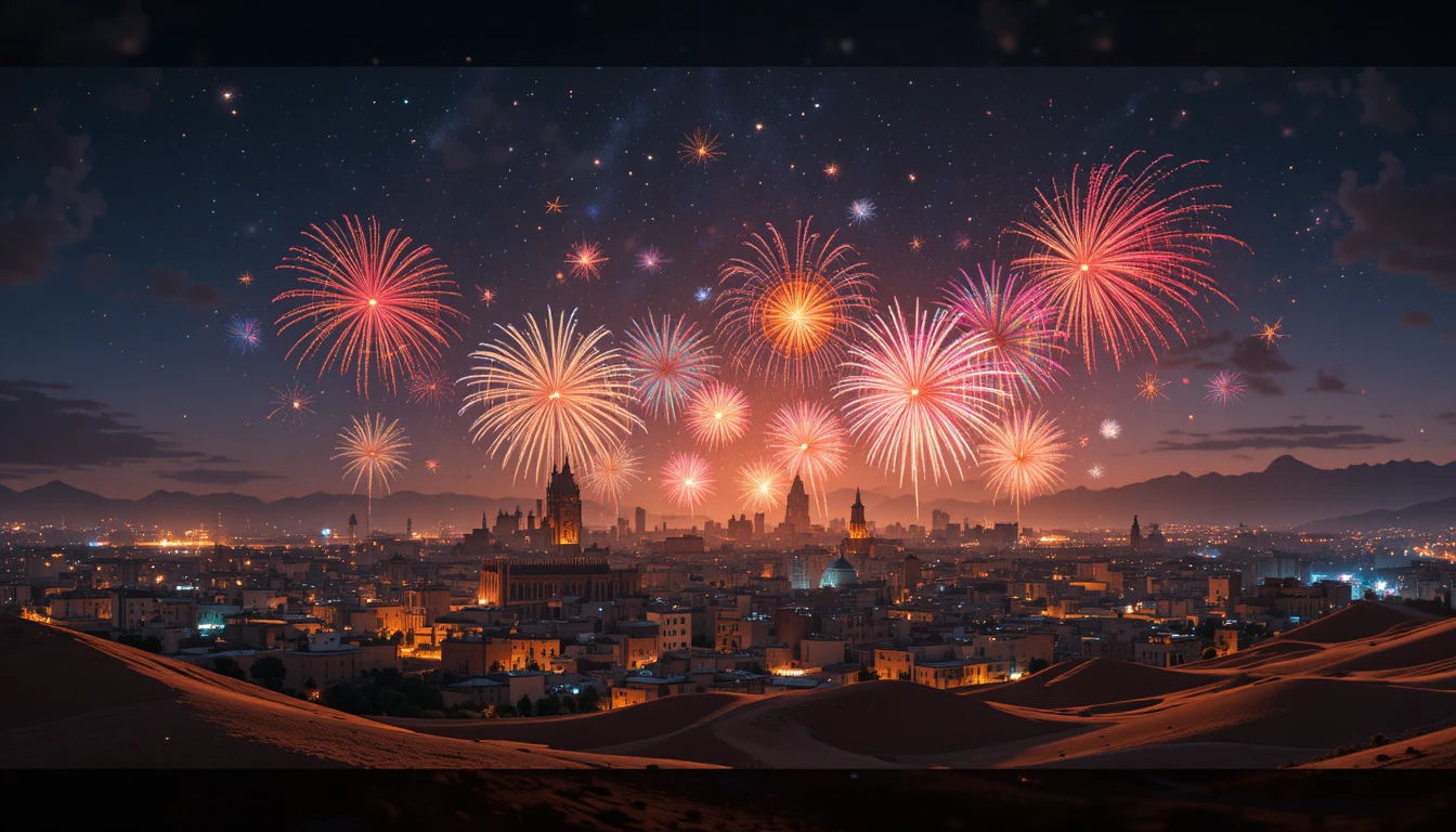 Festliche Skyline von Marrakesch mit Feuerwerk über der Wüstennacht
