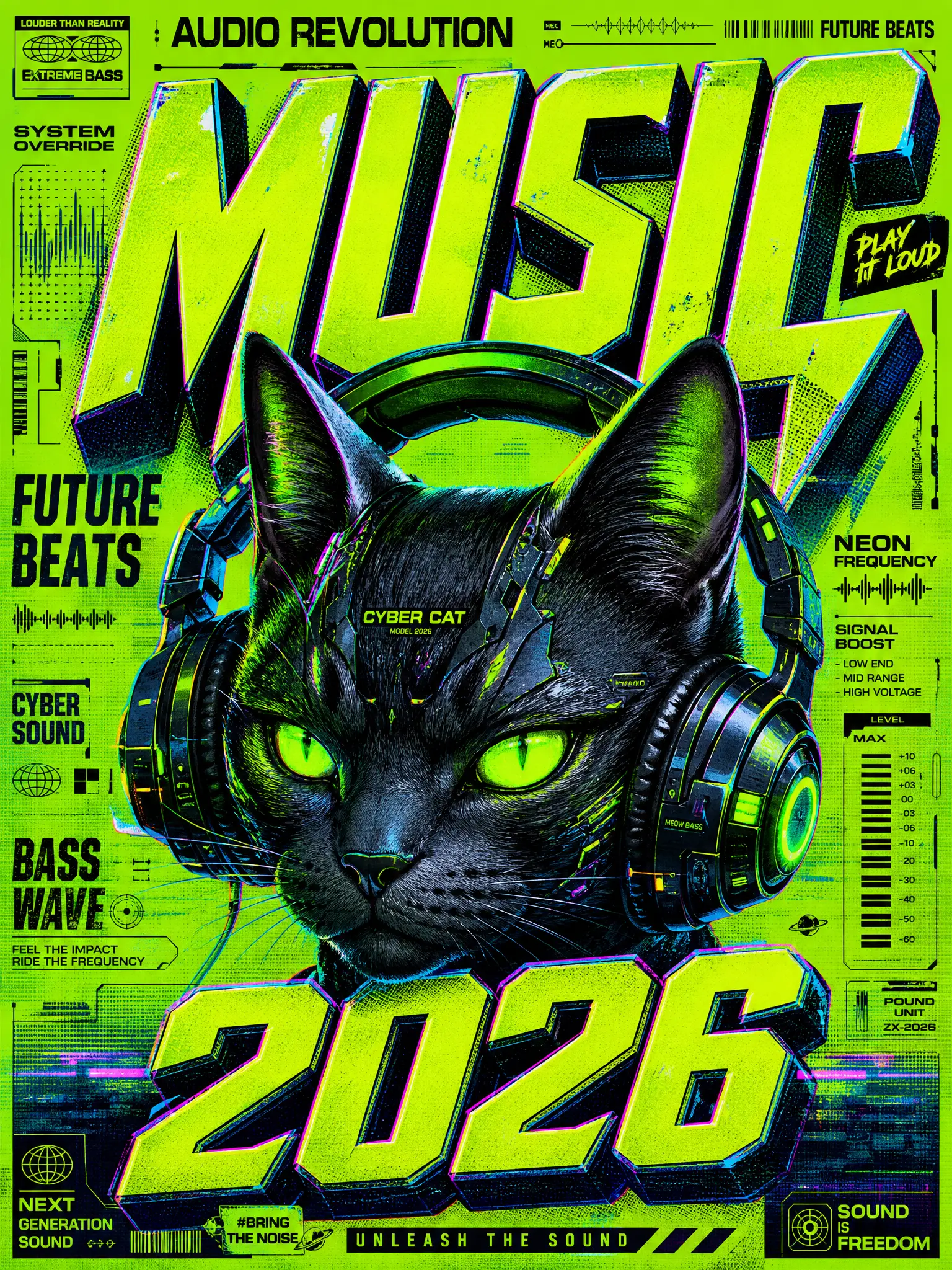 Gatto cyberpunk con cuffie al neon – design di poster musicale