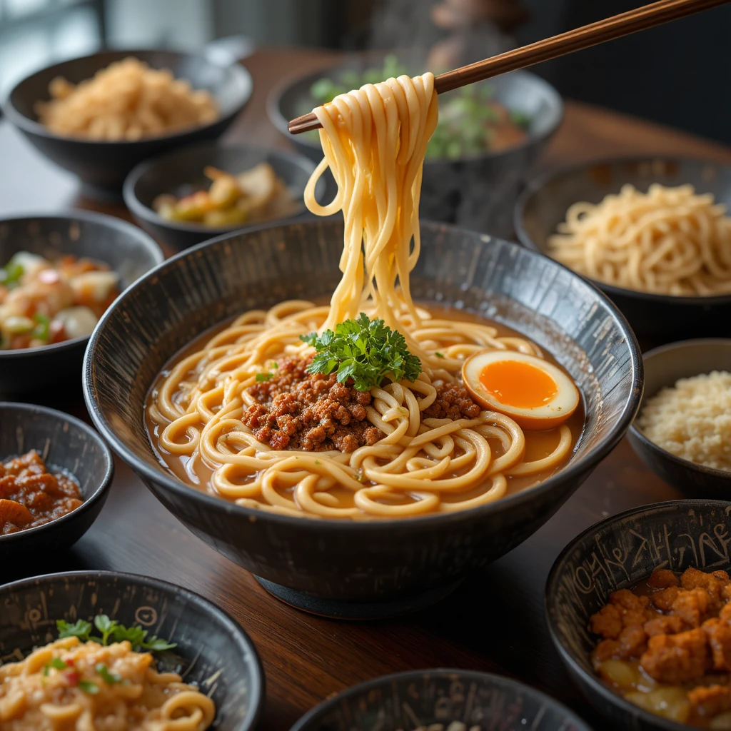 Ciotola di ramen lussuosa con contorni coreani sul tavolo
