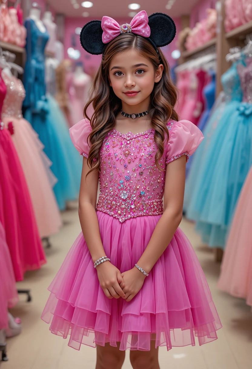 Menina com vestido rosa da Minnie em boutique
