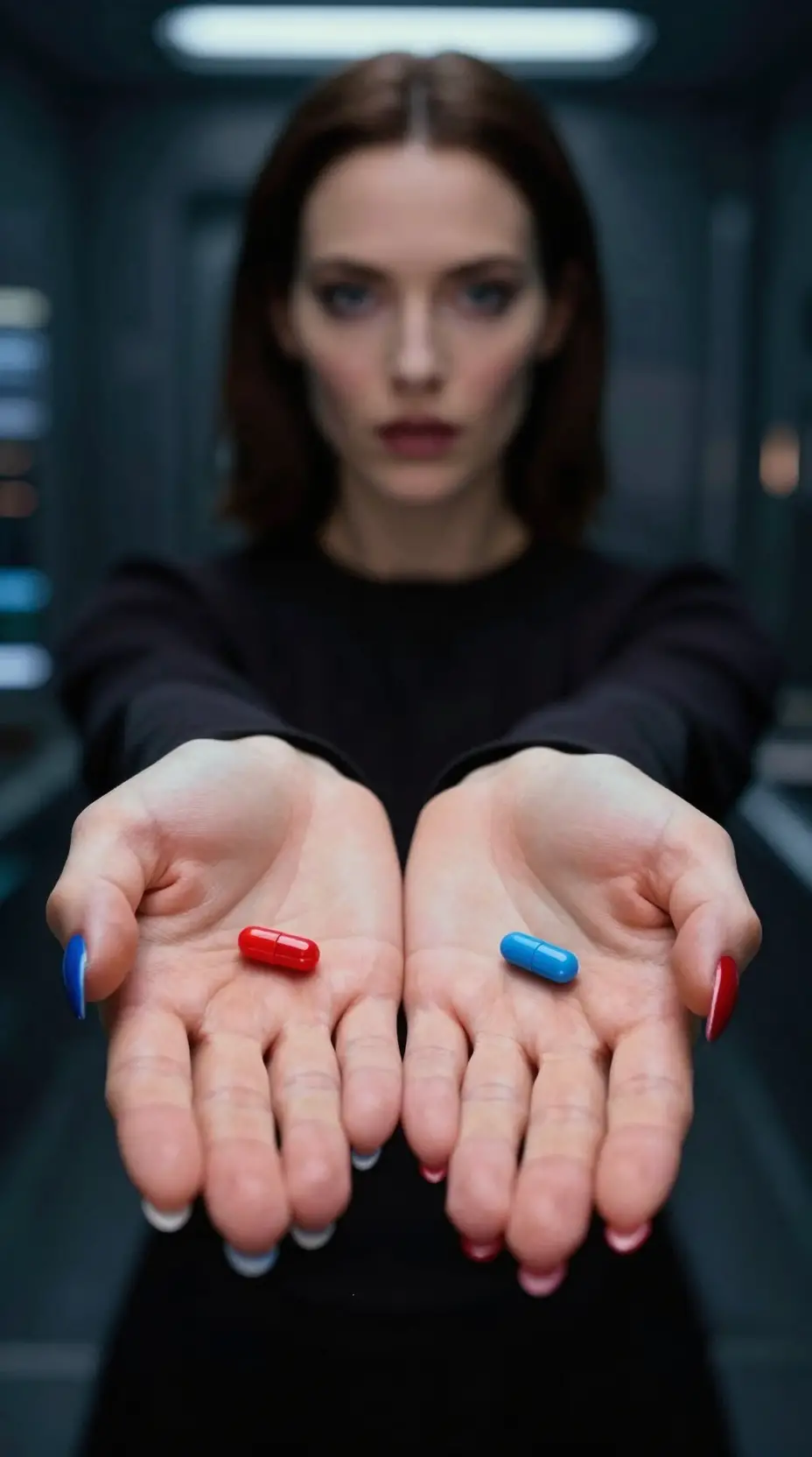 Femme offrant des pilules rouge et bleue avec des mains à la manucure dramatique