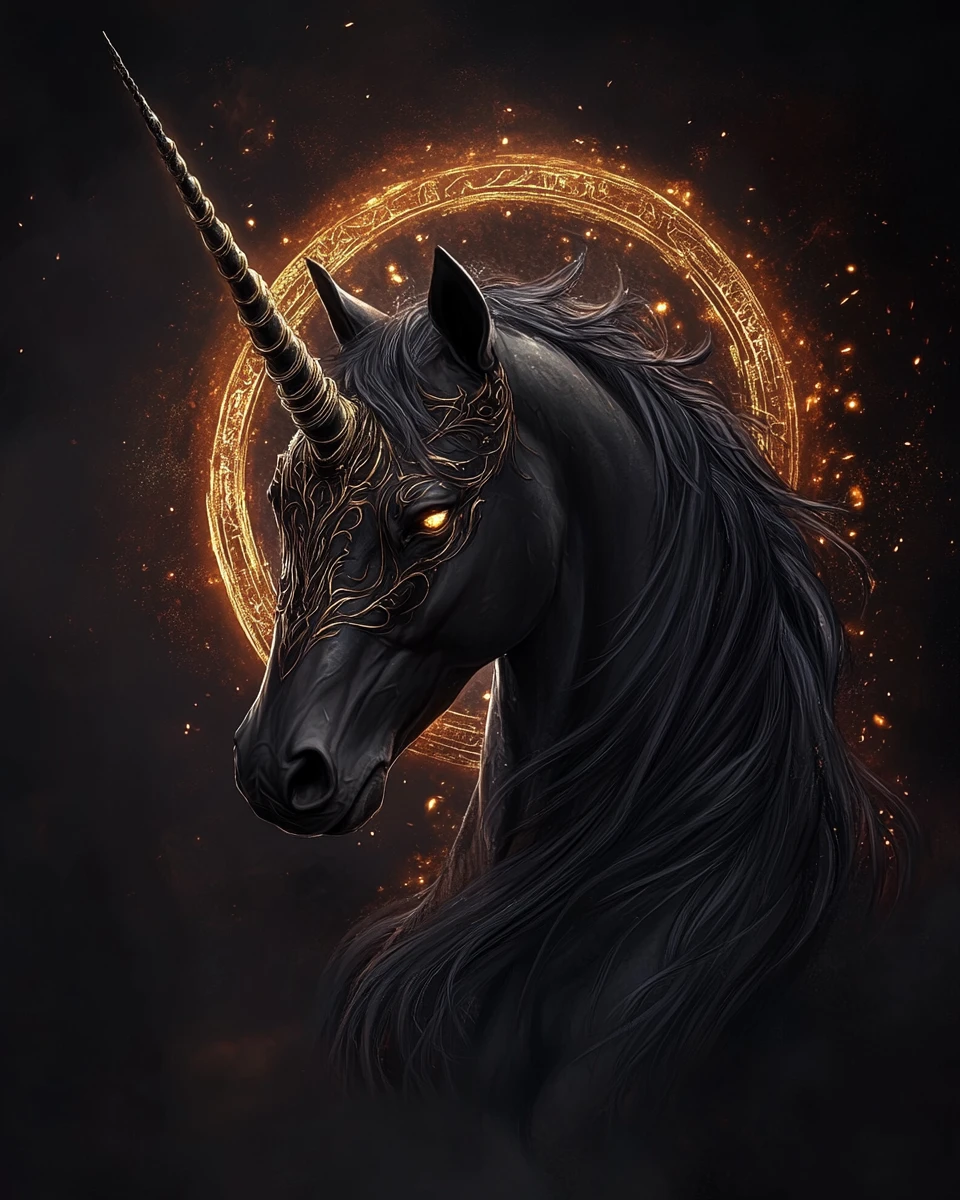 Ritratto dark fantasy di un maestoso unicorno nero