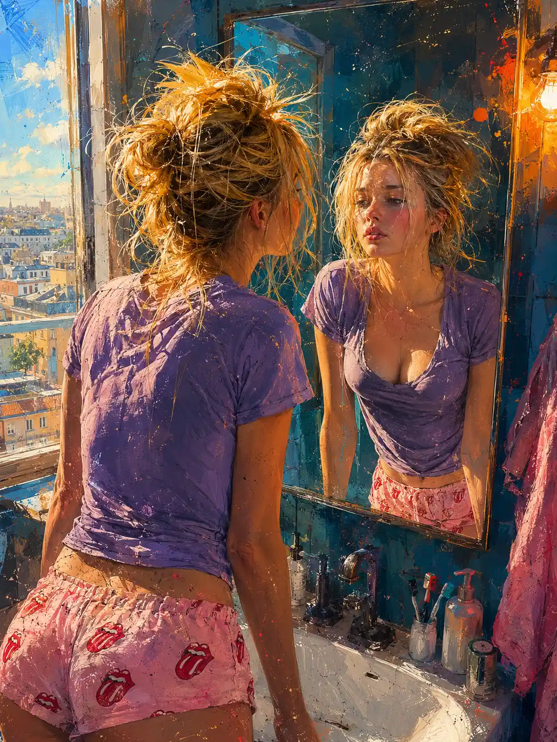 Messy haired blonde woman in front of bathroom mirror