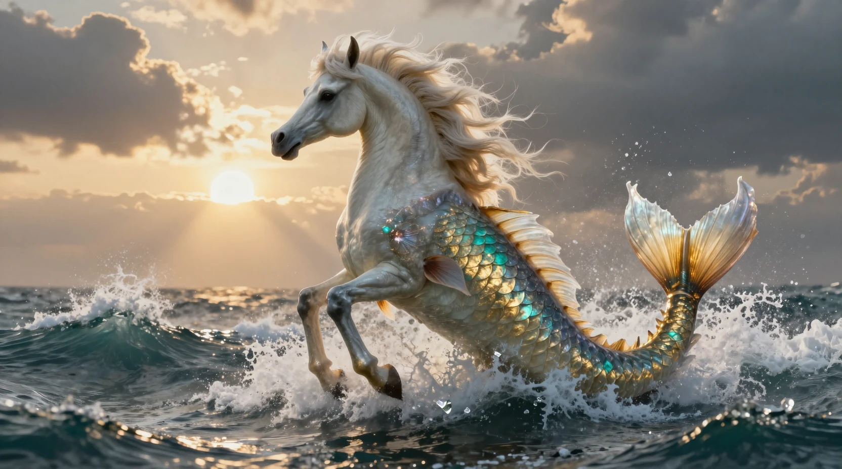 嵐の海から噴き出す神話のシーホースと夕焼けの波