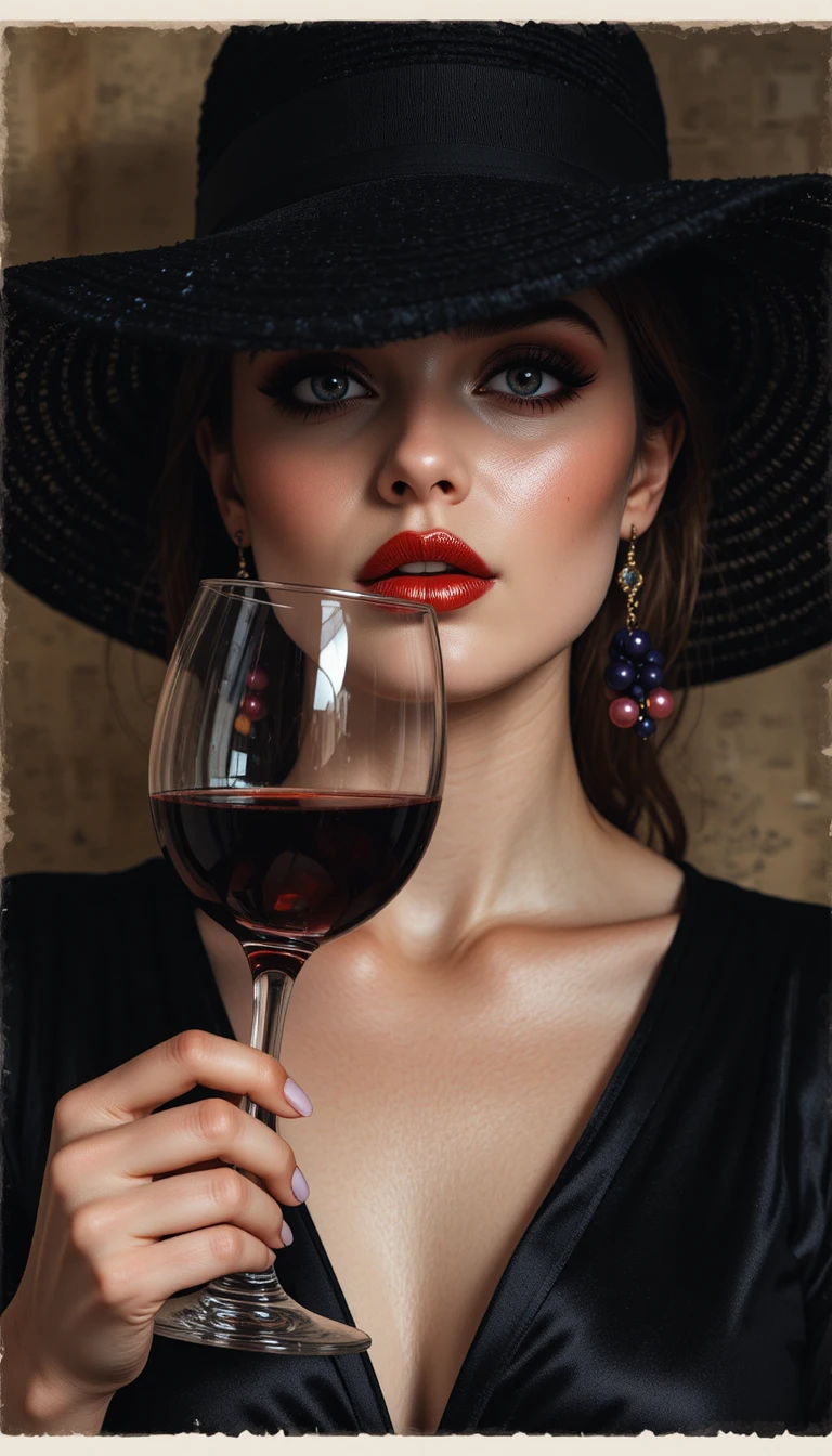 Mysterious woman in black hat with red wine glass