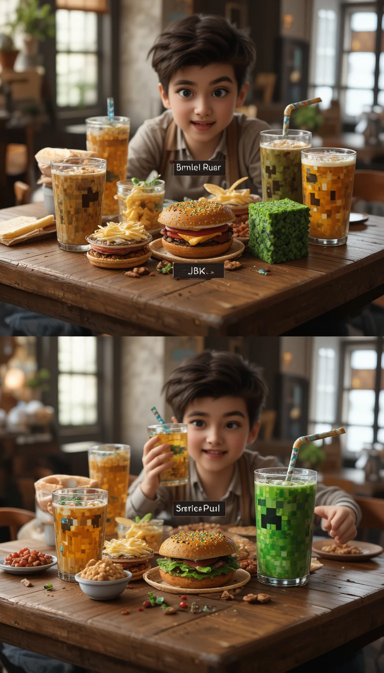 Comida em voxel em uma cena realista de mesa de jantar