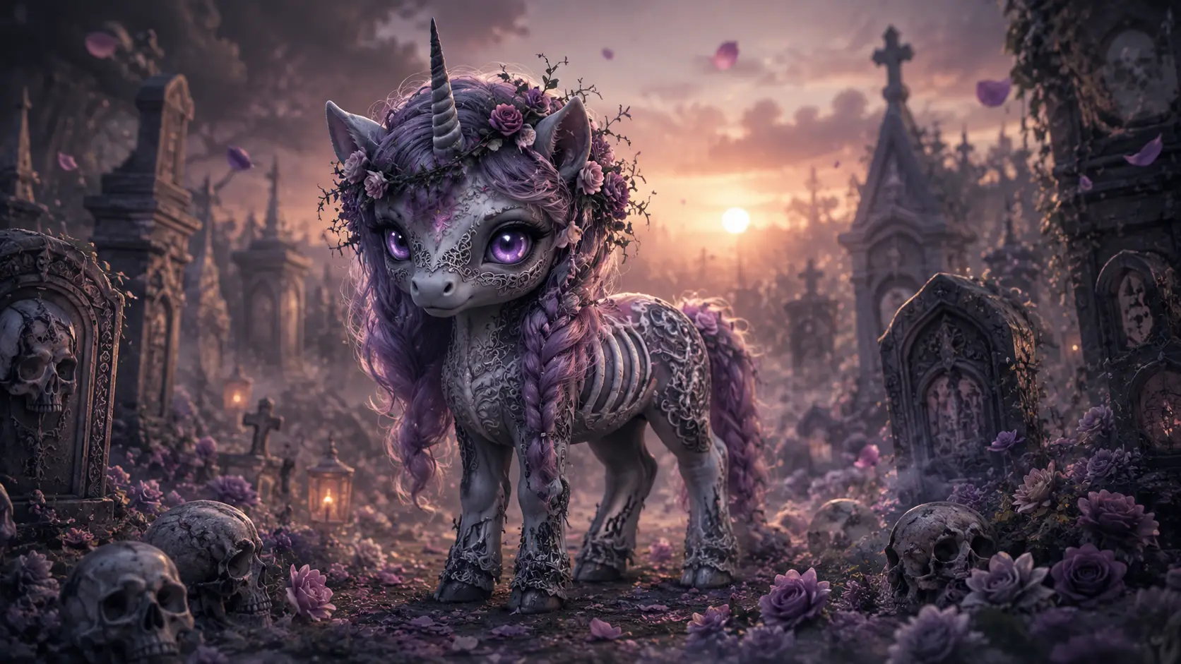 Kleines Einhorn auf einem gotischen Friedhof im goldenen Sonnenuntergang