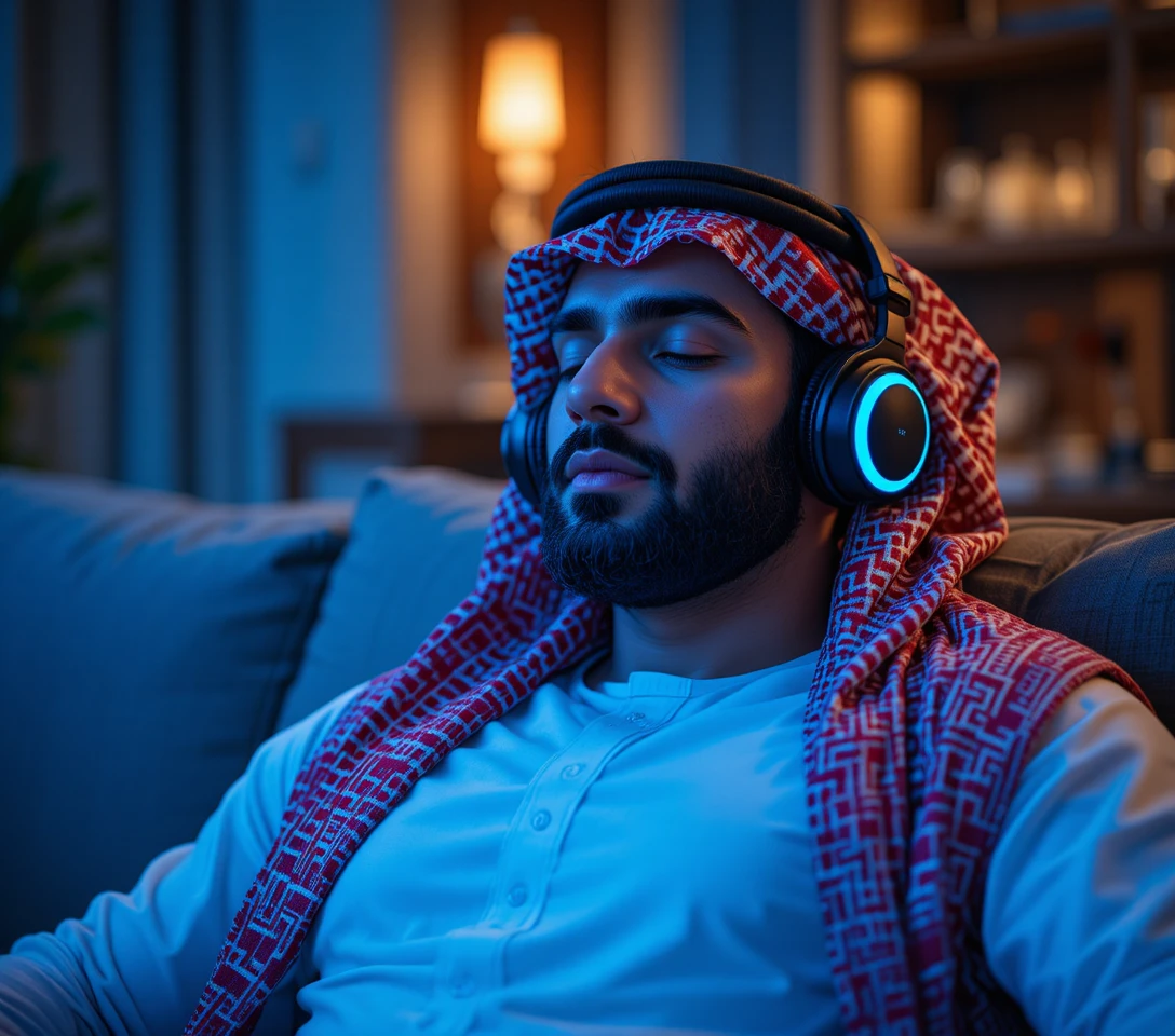 Uomo mediorientale che si rilassa con le cuffie di notte