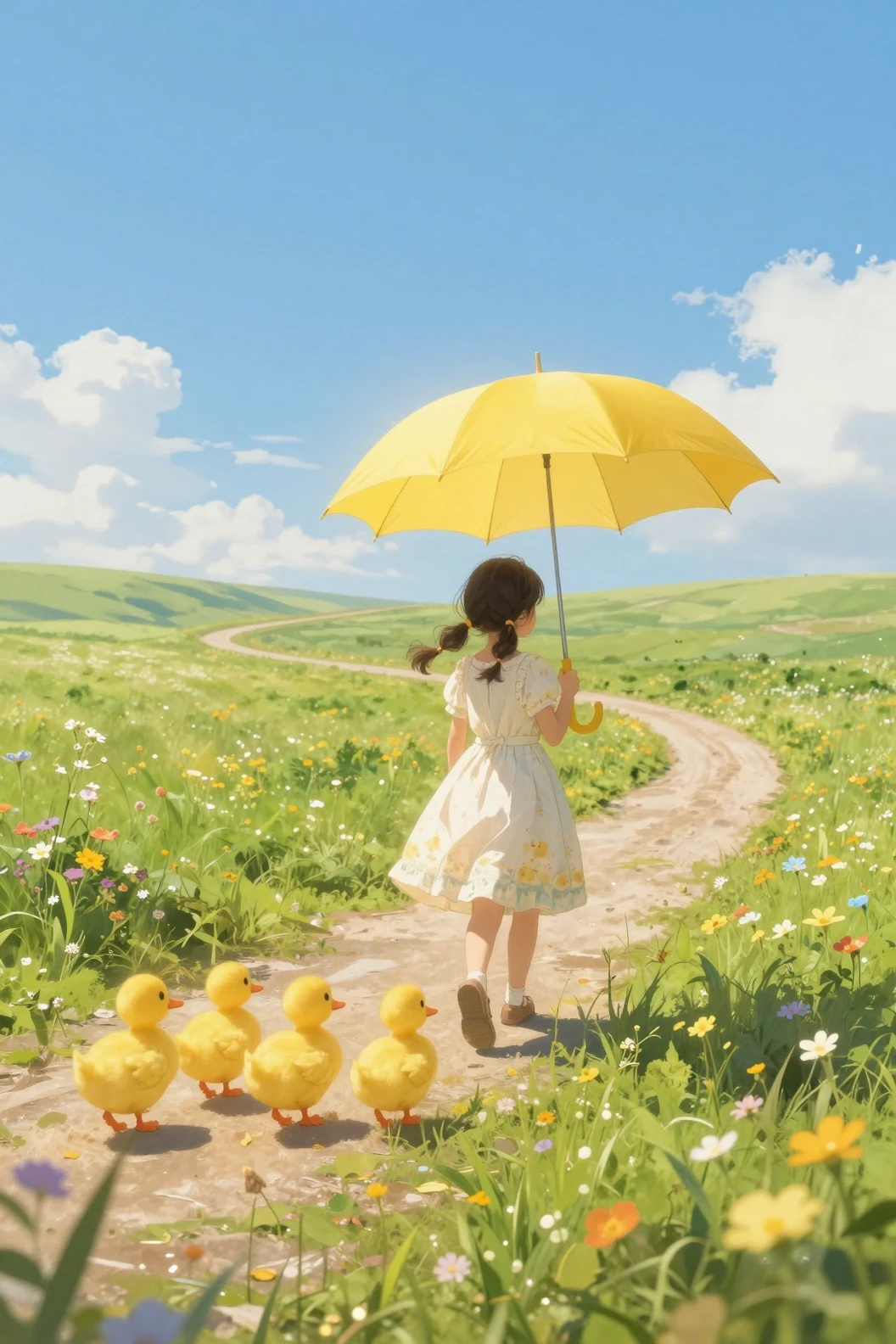 Ragazza con ombrello giallo che guida le anatre su una strada di campagna