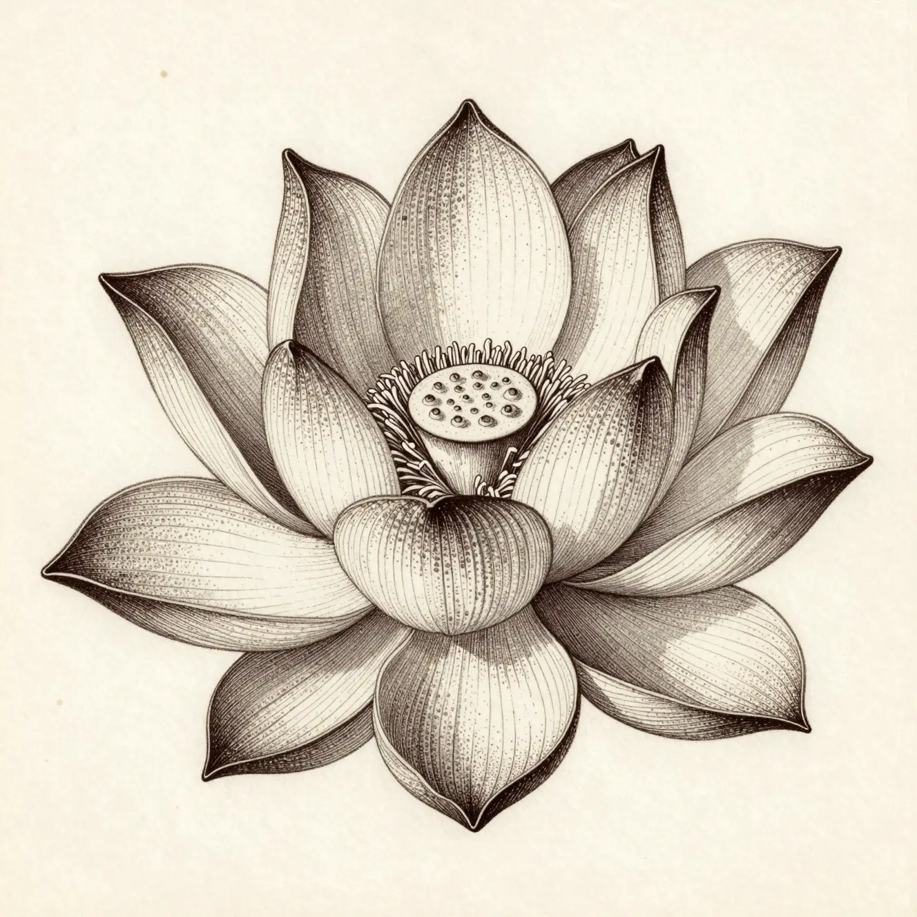 Stippling Illustration Of A Single Lotus On Aged Paper
