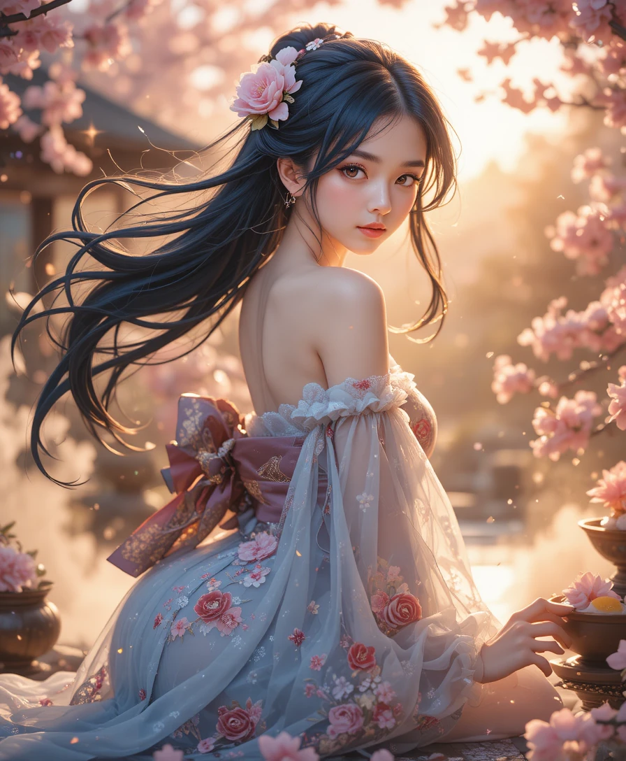 Donna anime in kimono in un giardino di sakura dorato e scintillante