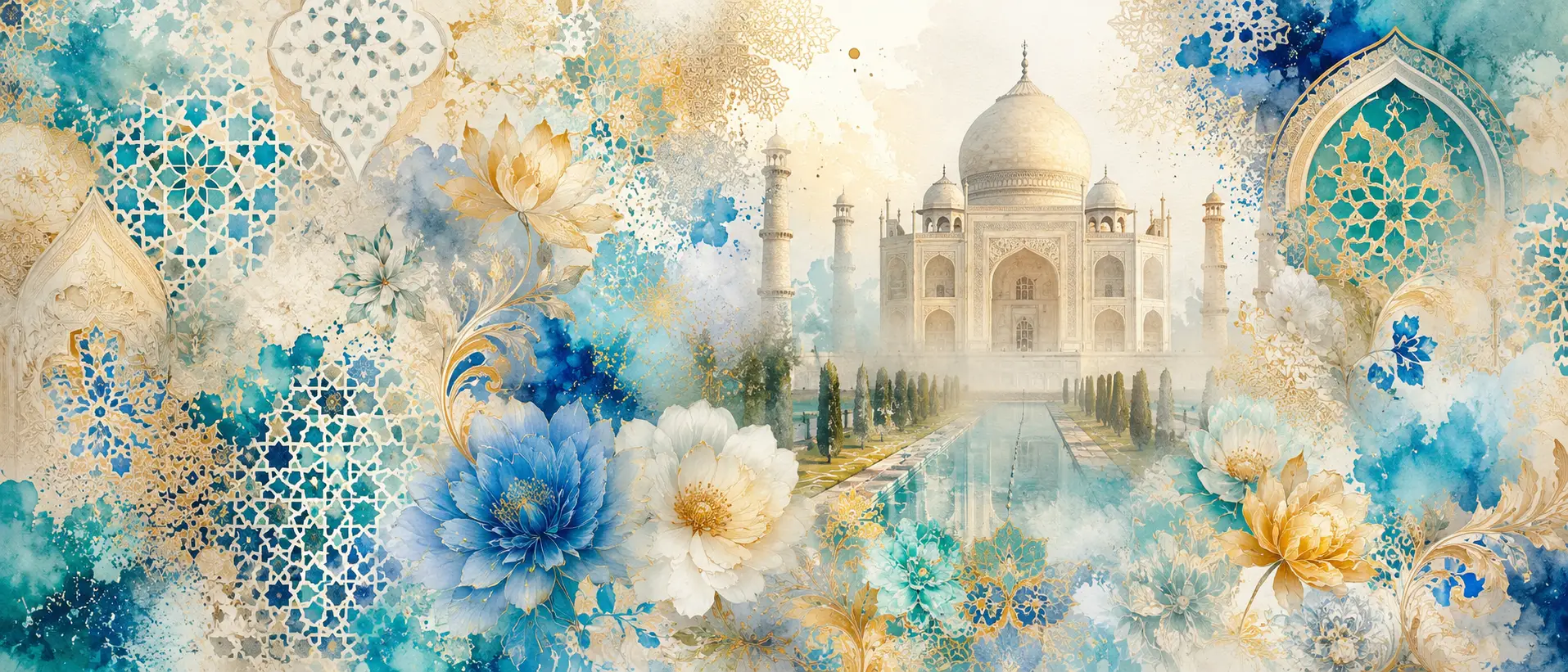 Orientalische Mosaik-Moodboard mit fließenden floralen Fliesenmustern