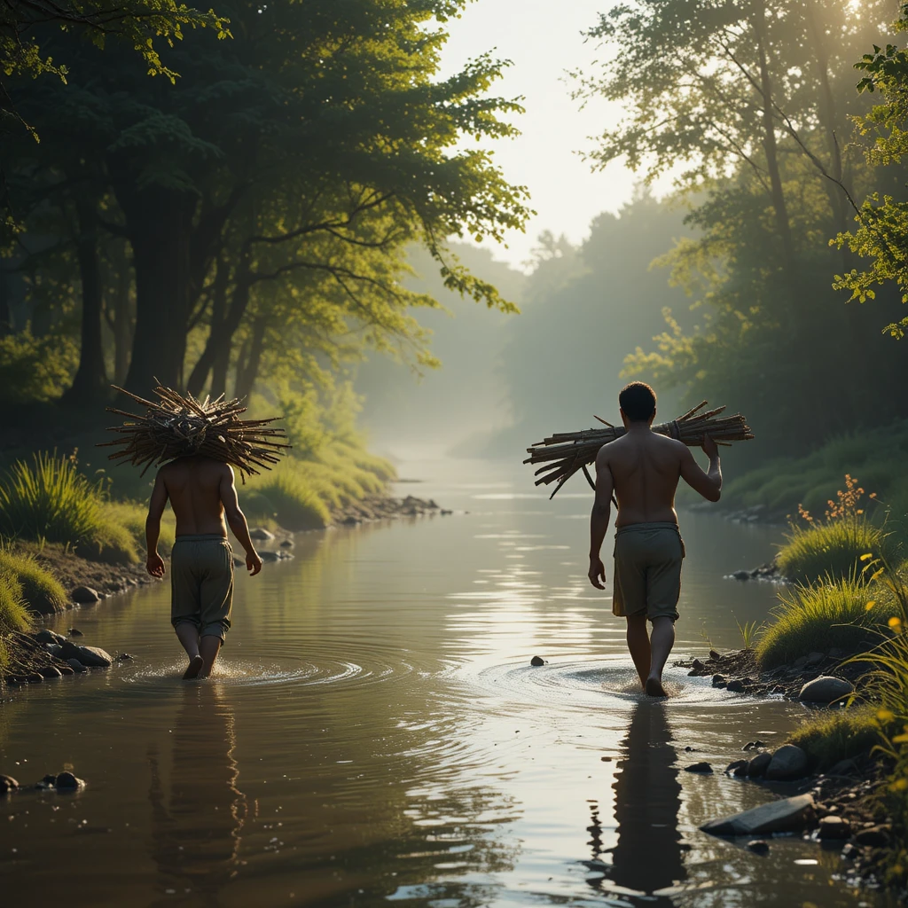 Two friends carrying wood on a bridge by the river