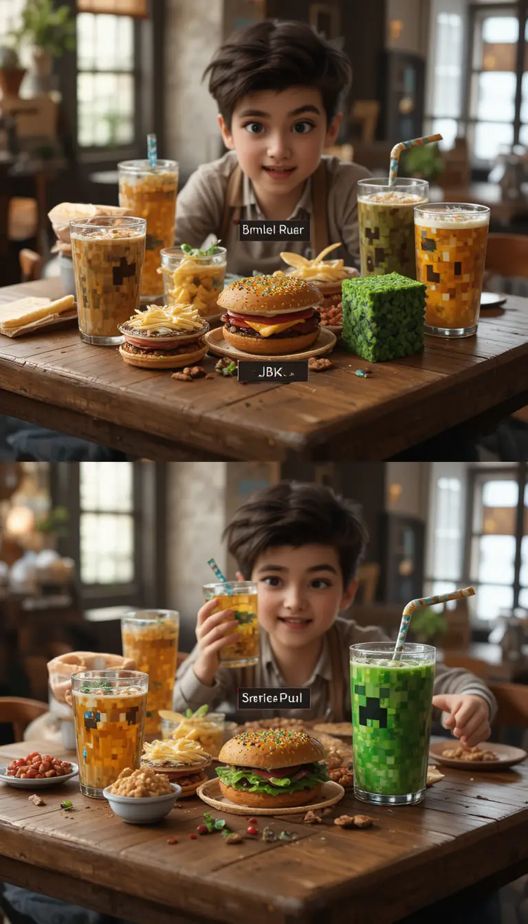 Comida em voxel em uma cena realista de mesa de jantar