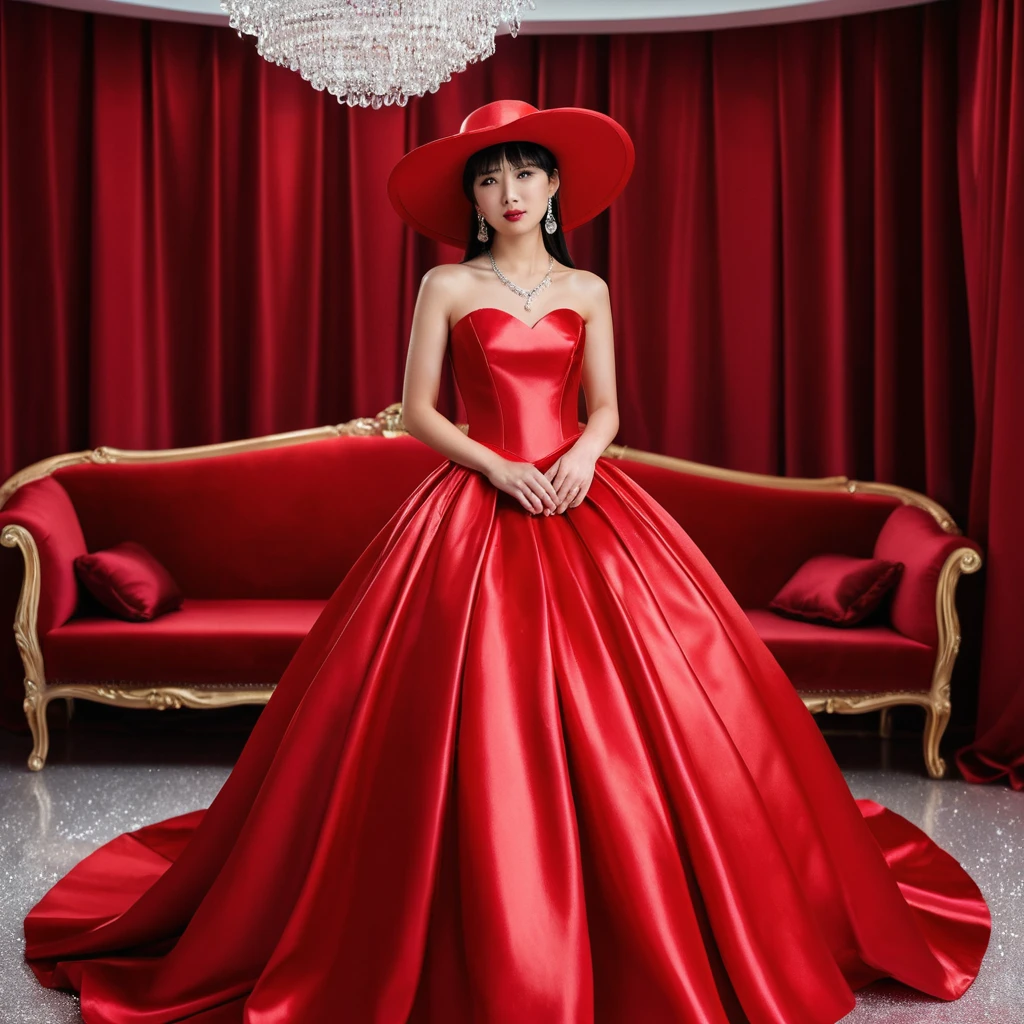 Jovem japonesa elegante com vestido de baile tomara que caia em cetim vermelho