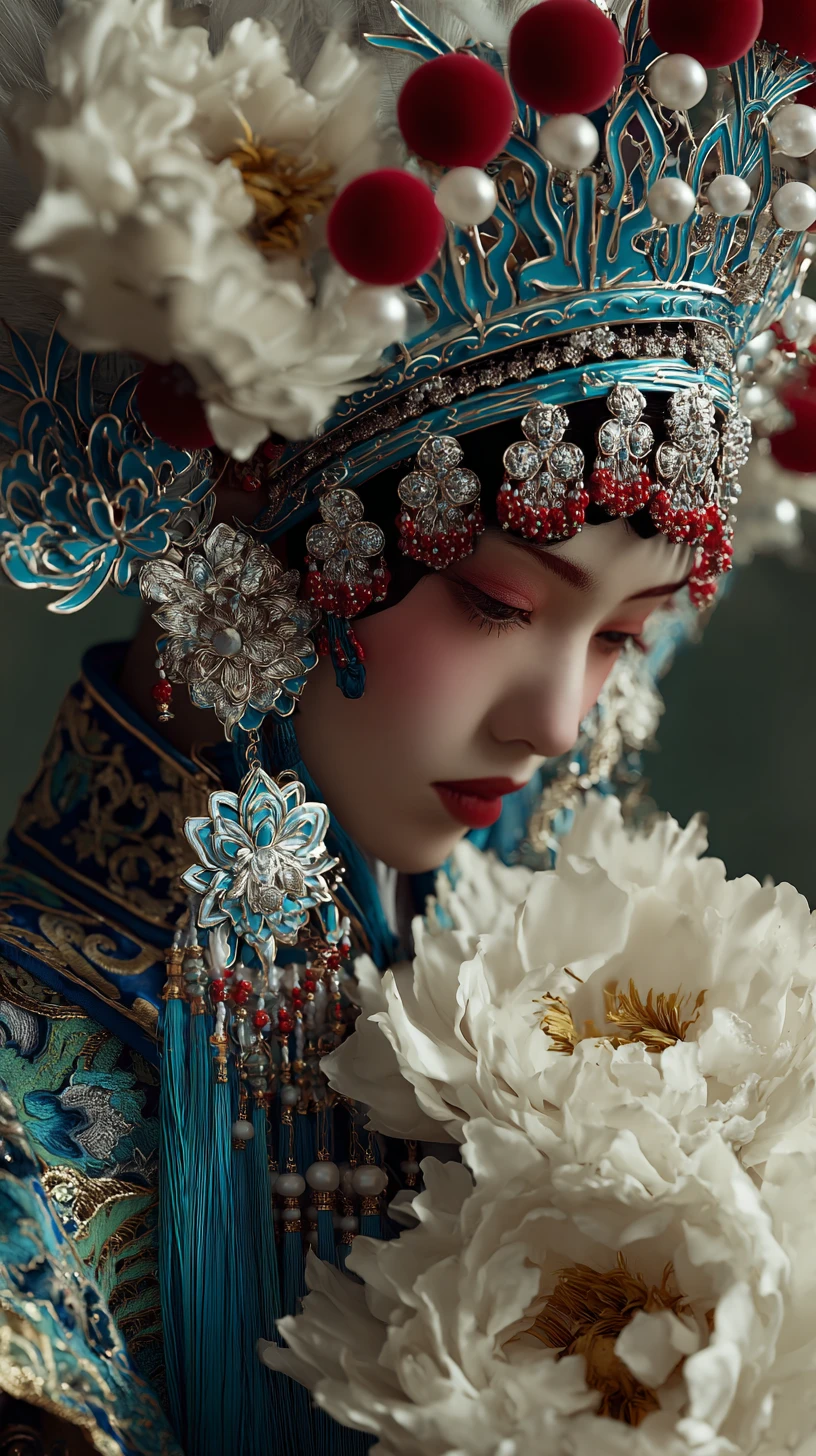 Mulher régia em elaborado traje de ópera de Pequim com flores