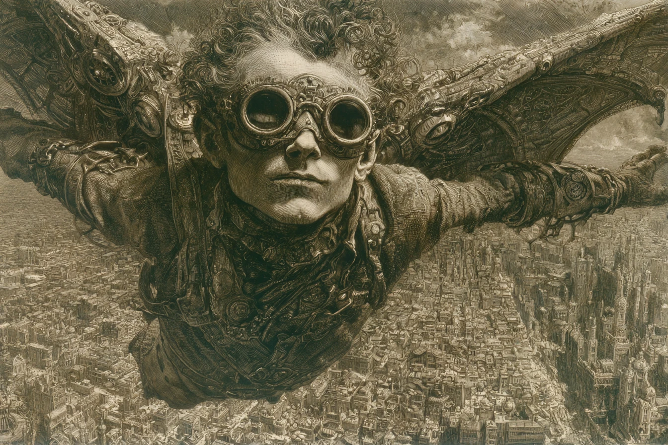 Uomo volante con ali meccaniche sopra un paesaggio urbano d’epoca