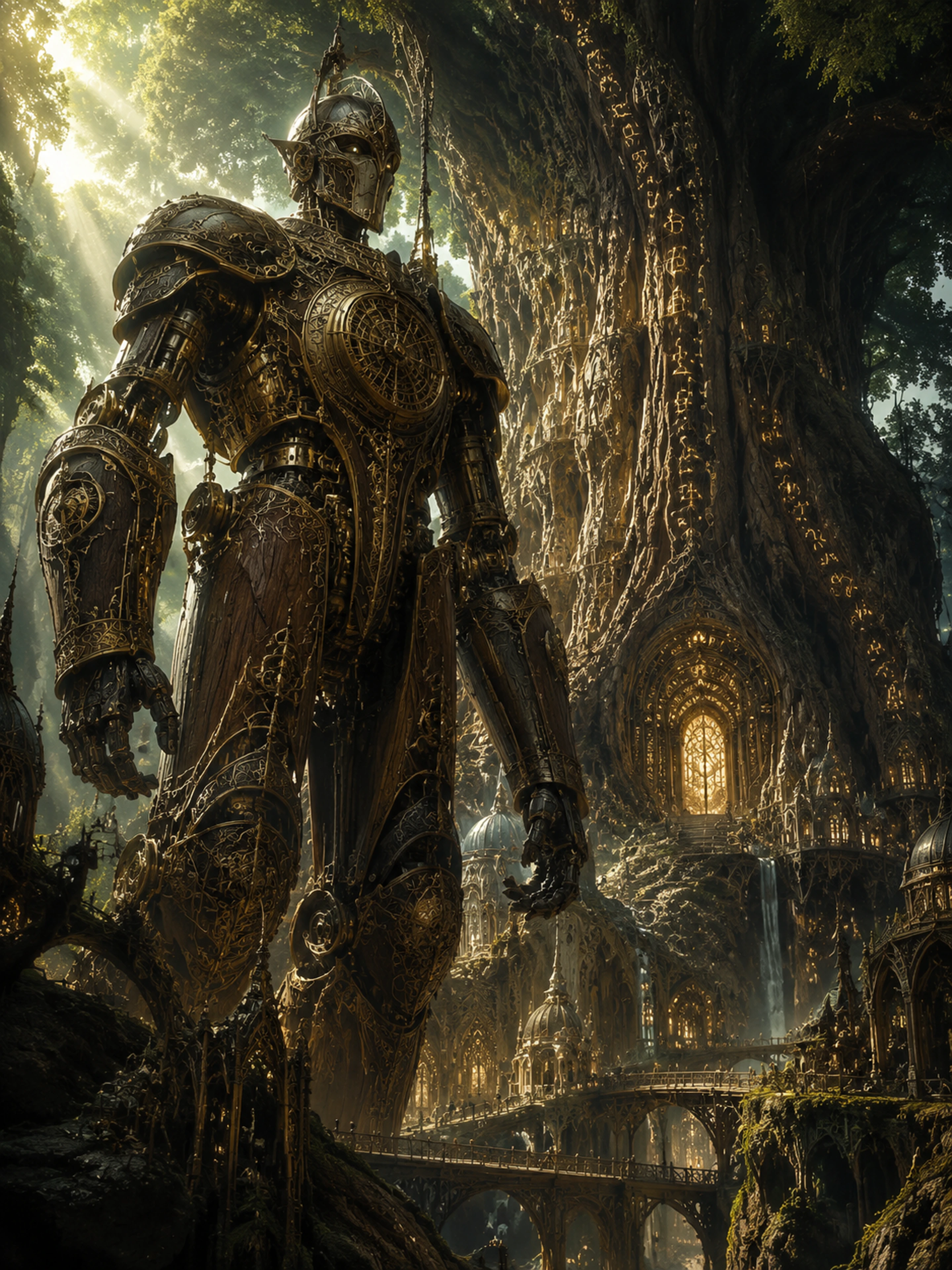 Autómata steampunk que protege una ciudad élfica en un árbol gigante