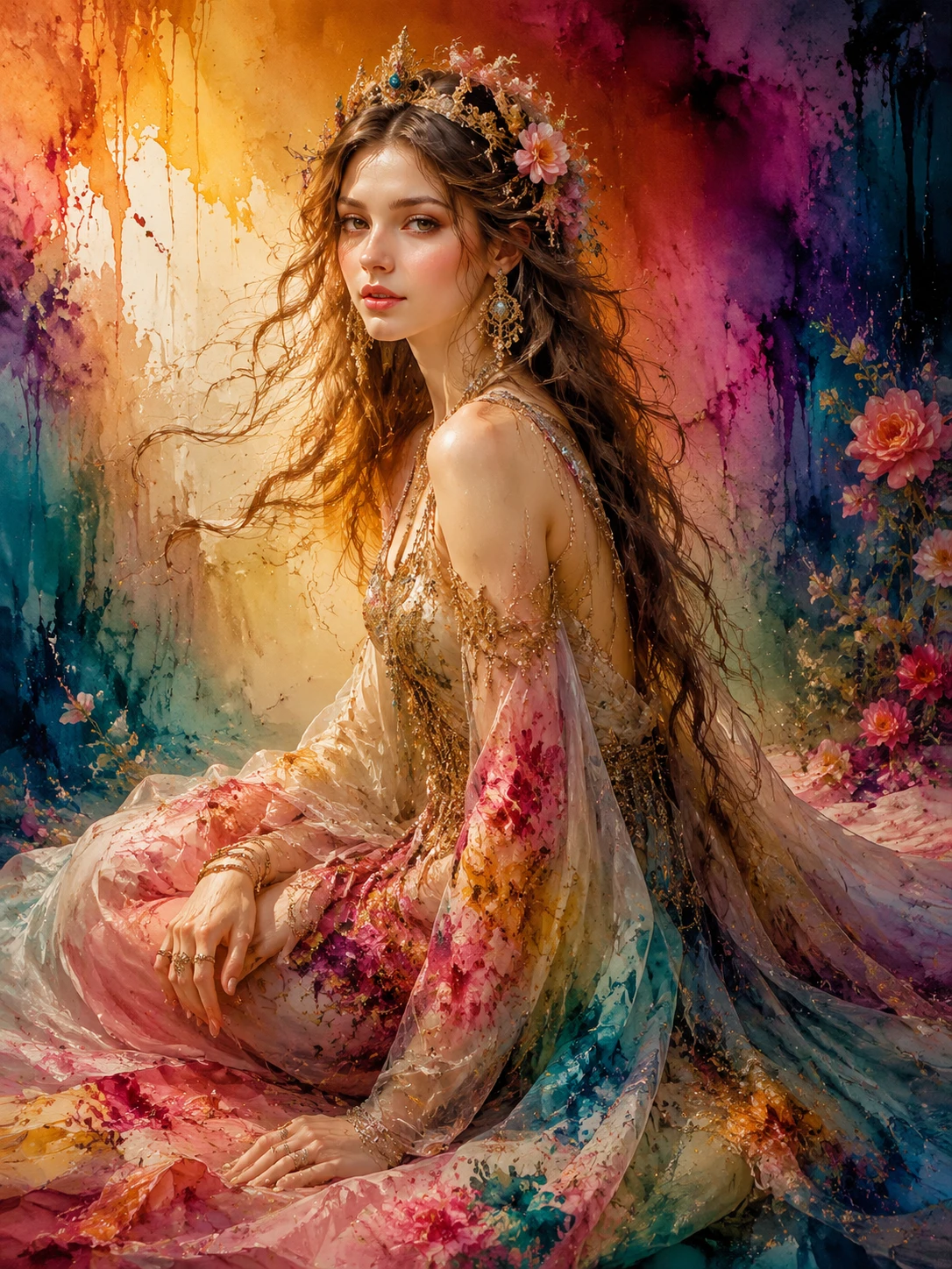 Retrato de princesa antiga em seda florida esvoaçante