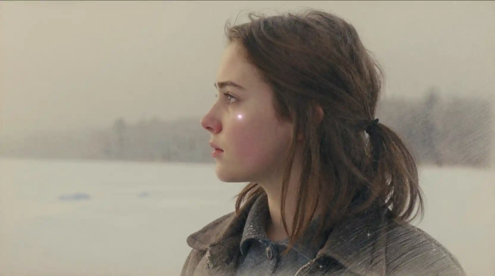 Pensive young woman in profile facing a distant frozen horizon